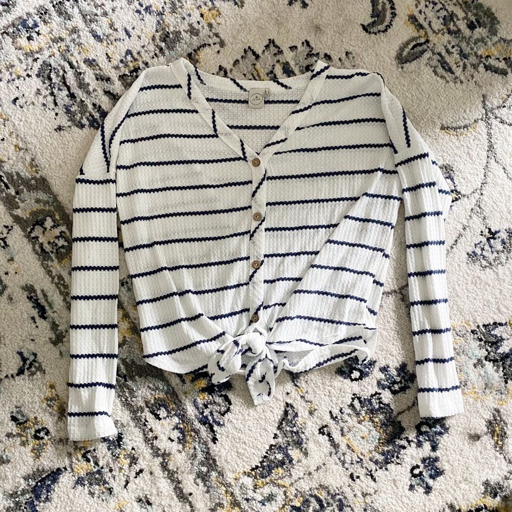 White And Blue Striped Tie Long Sleeve Shirt Womens XS